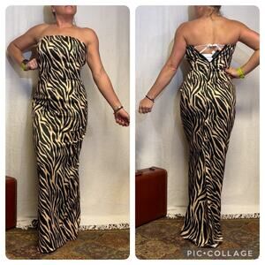 90s Y2K Jessica McClintock Zebra strapless rhinestone fit flare prom dress